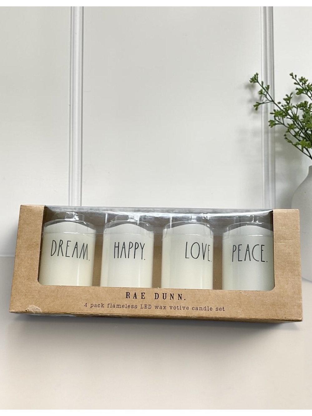 Rae Dunn Flameless LED Wax Candles 4-pc set Dream Happy Love Peace